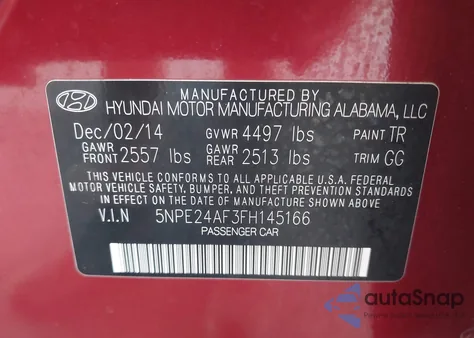 2015 Hyundai Sonata Se from USA, damaged, VIN 5NPE24AF3FH145166